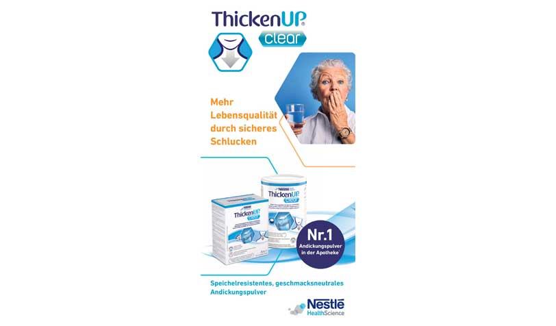 Auf dem Cover des Flyer sind die Produkte aus dem Bereich Dysphagie abgebildet. Eine ältere Frau die an Schluckströungen leider hält die Hand vor ihrem Mund.