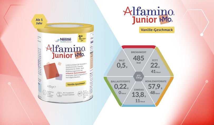 Das Cover des Alfamino® Junior Vanille Produktdatenblattes zeigt das Produkt und Nährwerte.