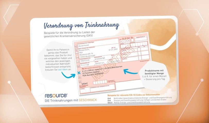 Verordnungskarte mit Beispielrezept zur sicheren Verordnung von medizinischer Trinknahrung