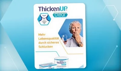 Auf dem Flyer sind die Produkte aus dem Bereich Dysphagie abgebildet. Eine ältere Frau hält die Hand vor ihrem Mund.