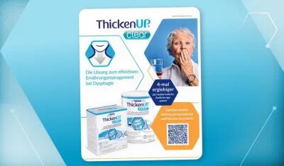 Auf dem Fachfolders sieht man die Produkte aus dem Bereich Dysphagie. Eine ältere Frau hält die Hand vor ihrem Mund.