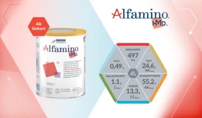 Das Cover des Alfamino® Produktdatenblattes zeigt das Produkt und Nährwerte.