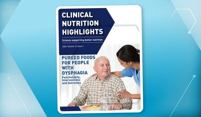 Die Abbildung der Publikation "Clinical Nutrition Highlights" zeigt einen älteren Herren, der eine Pflegekraft ansieht.