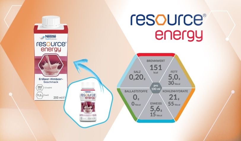 Produktübersicht zu resource® energy in verschiedenen Sorten mit Nährwerten und Anwendungsinfos